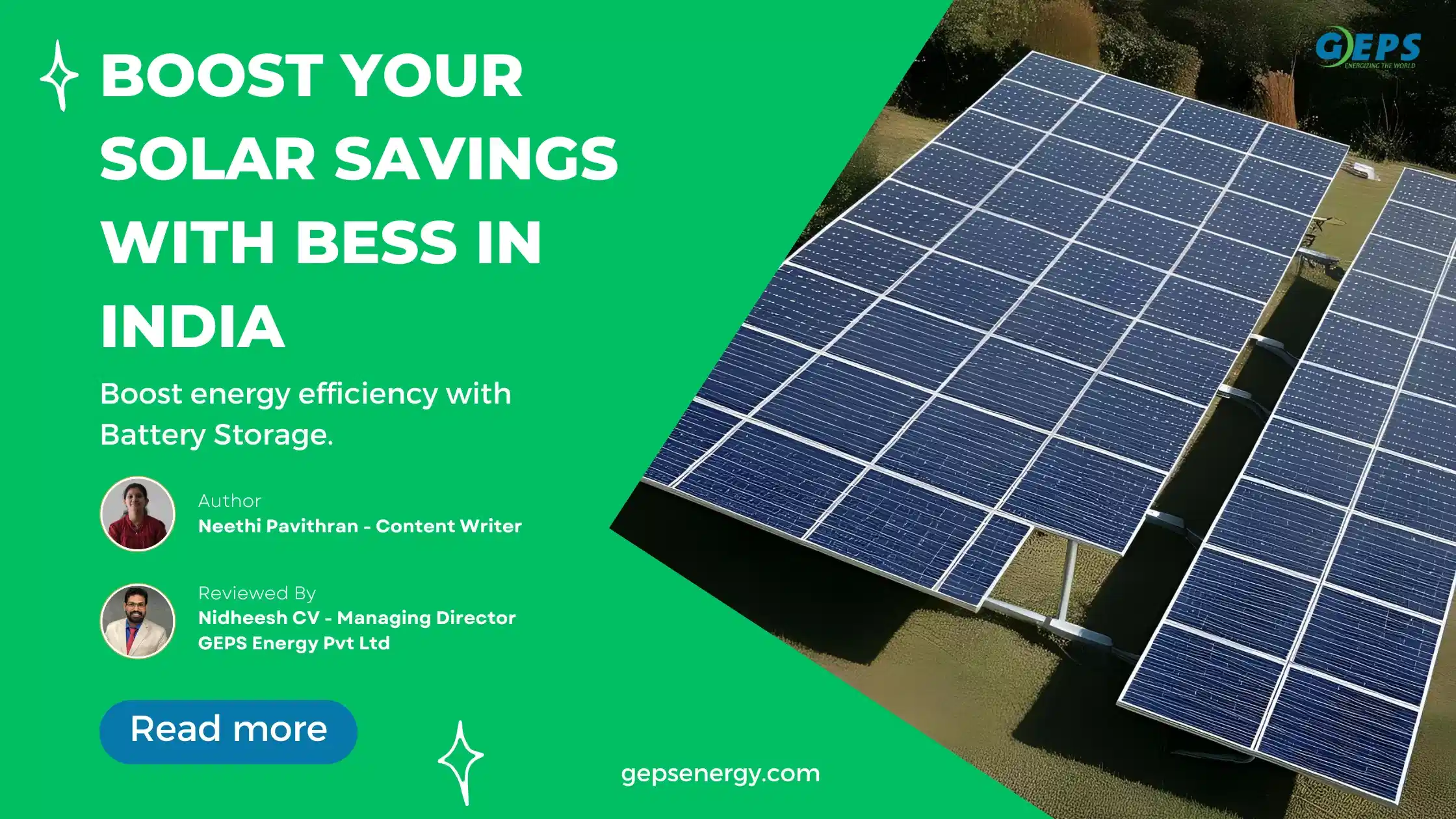 Solar panel system with Battery Energy Storage System (BESS) in India, highlighting efficient solar energy storage and cost savings. The image represents the role of BESS in enhancing solar energy efficiency. Author: Neethi Pavithran, Reviewed by Nidheesh CV, Managing Director at GEPS Energy Pvt Ltd